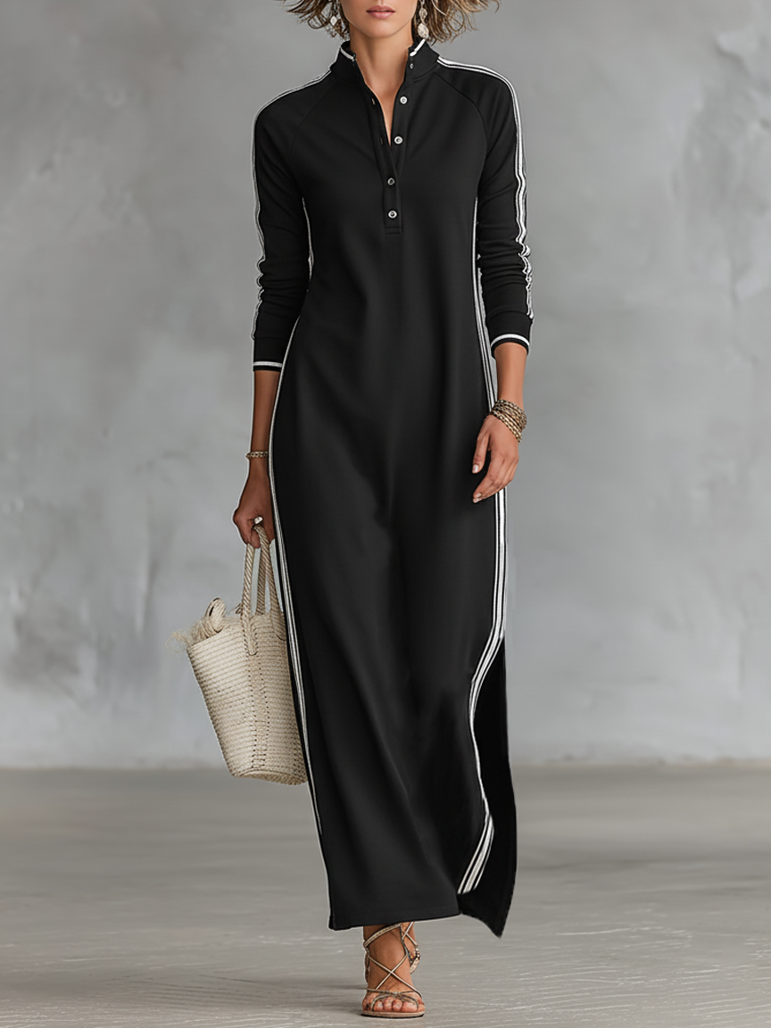Robe maxi avec col à boutons style pull pour femmes avec bords blancs MDA0958L0Y