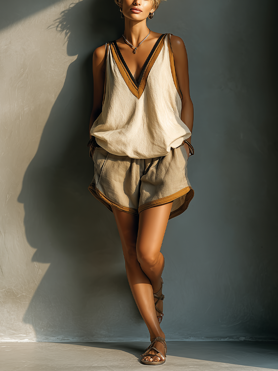 Ensemble de deux pièces : top tank à col V et jupe kaki pour femmes en couleur beige MDZ2086C2T