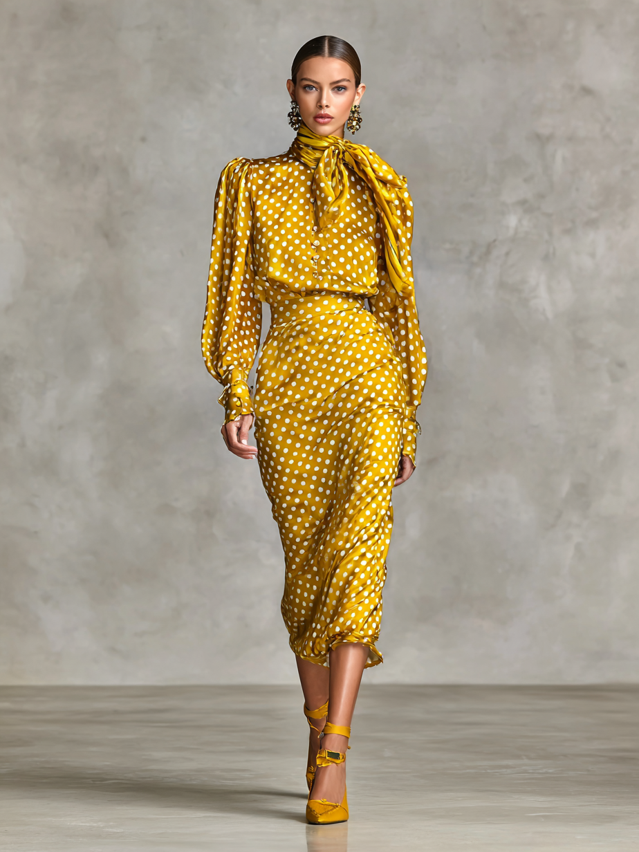 Ensemble chemise et jupe en soie vintage avec imprimé à pois pour femmes (sans écharpe) MDA3073G0Y