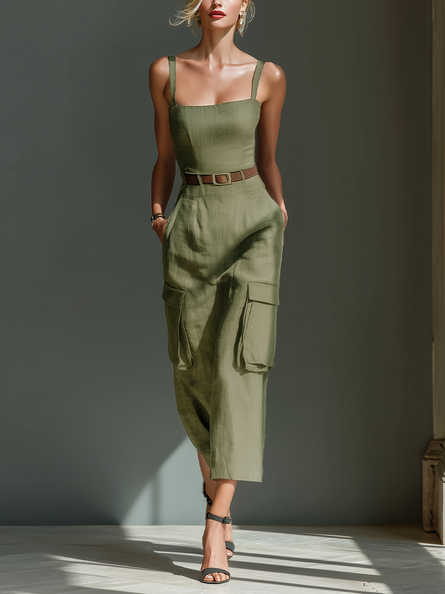 Robe mi-longue pour femmes en vert olive en lin sans manches avec poches cargo et taille avec ceinture MDZ2753A1T