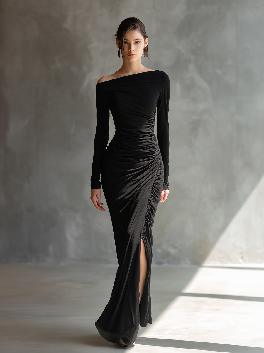 Robe maxi noire élégante pour femmes avec épaules dénudées et déchirures MDA2125H9I