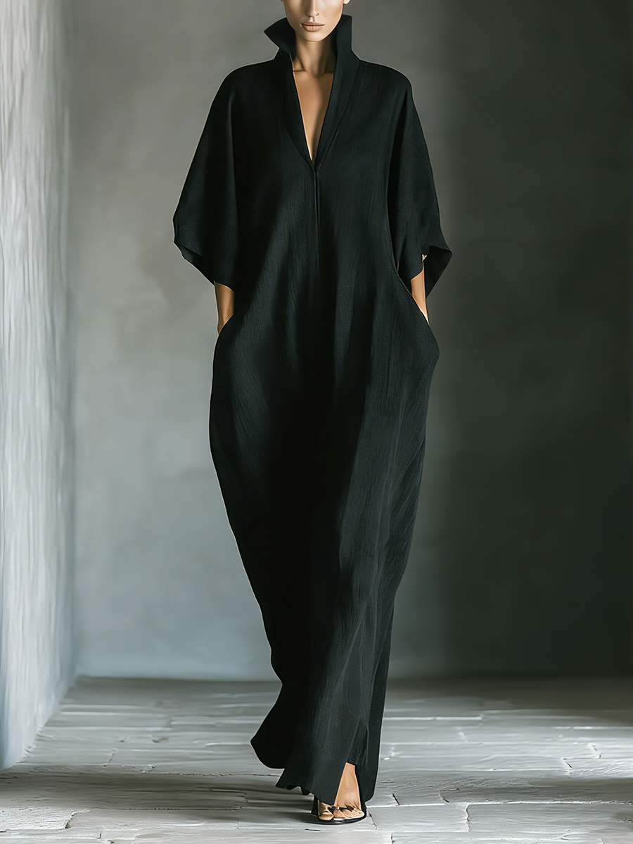 Robe maxi à manches kimono larges pour femmes en coton noir avec poches MDZ0577A3T