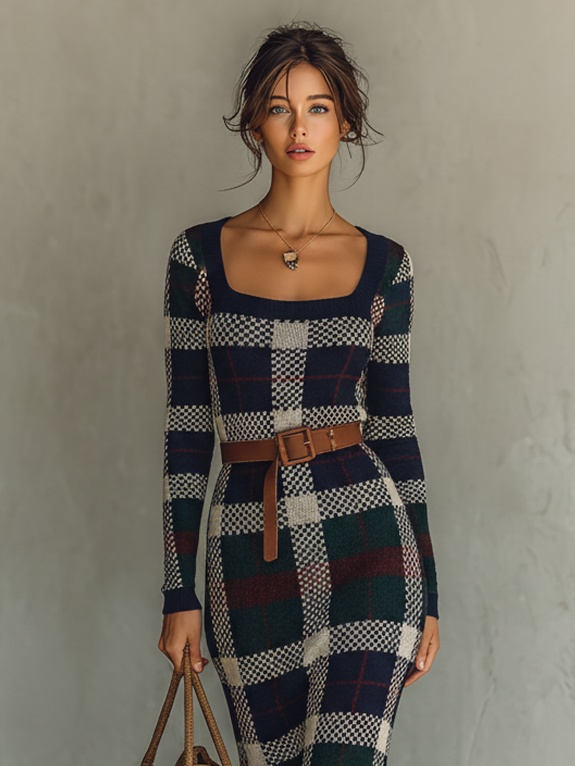 Robe maxi avec col carré, jupe fluide et tissu tricoté pour femmes MDA2984J0Y