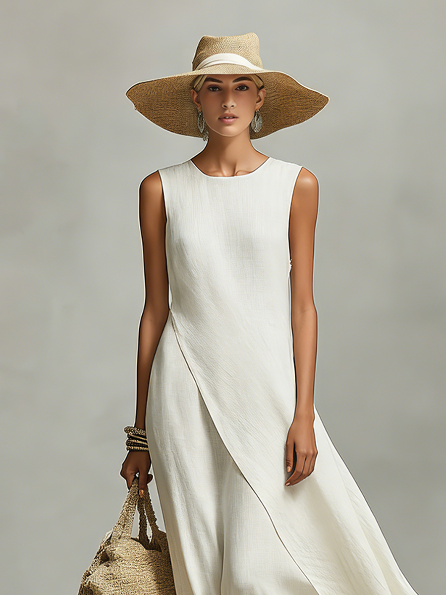 Robe femme en lin respirant couleur ivoire avec détails sans manches et ourlet asymétrique, robe au style moderne décontracté-féminin MDZ0408C2I