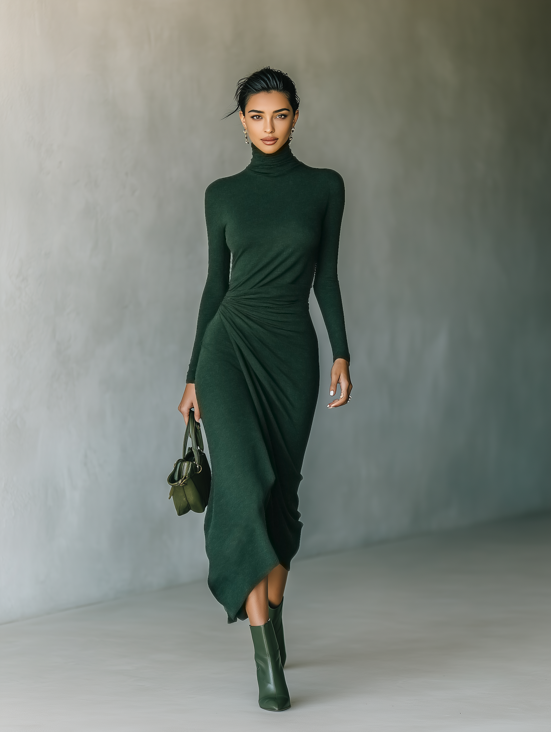 Robe midi femme vert foncé avec haute élasticité en forme de pull à col montant MDA2023J2T