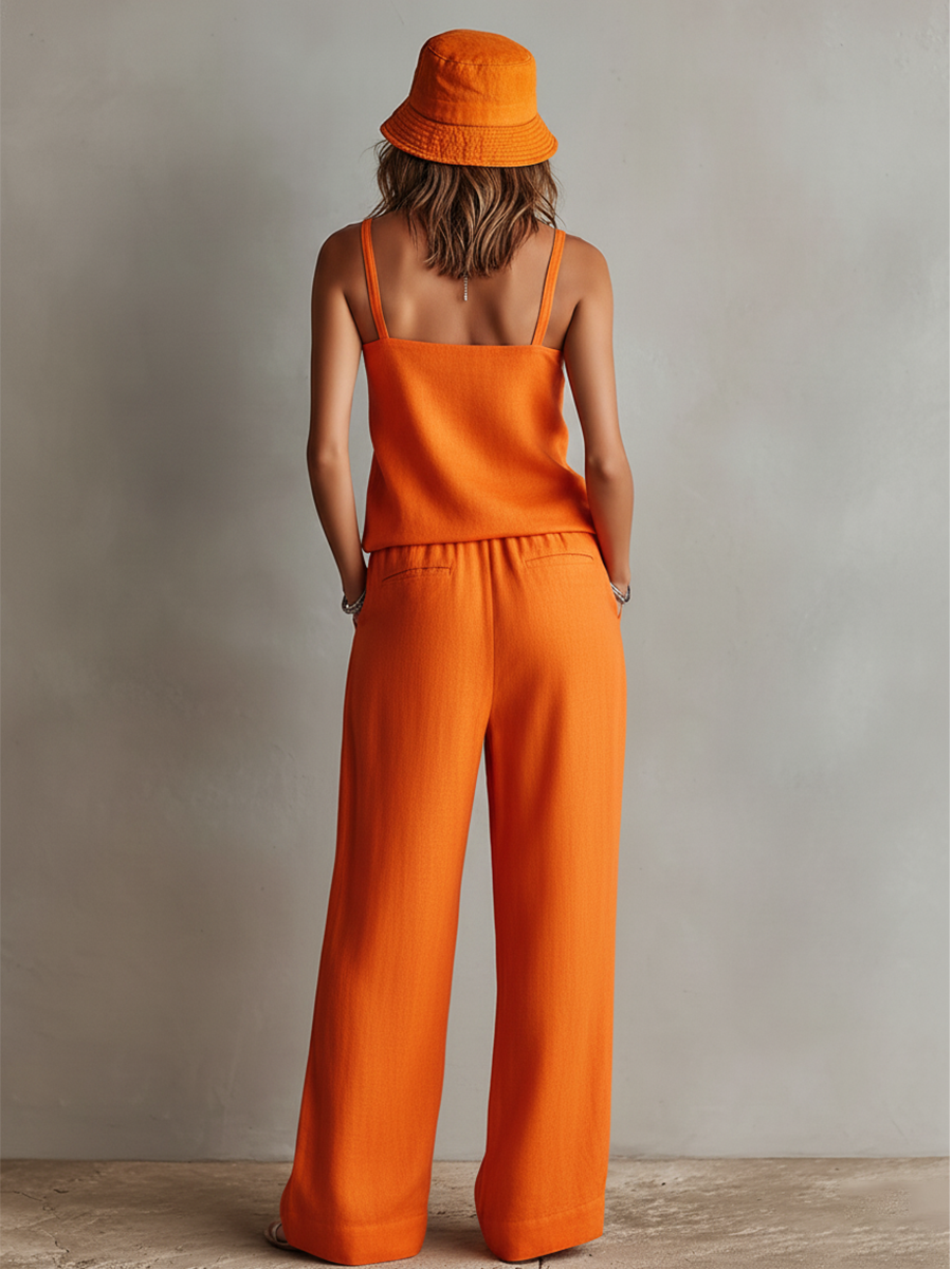 Ensemble femme orange en lin à deux pièces avec top cami à col carré et pantalon large avec ceinture, ensemble de style bohème-resort classique MDZ0825D5I