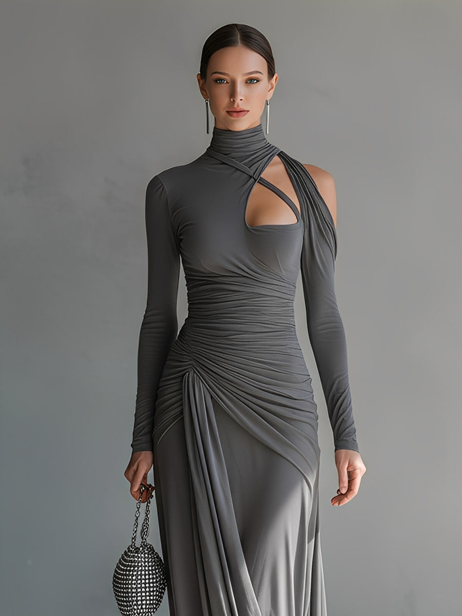 Robe maxi femme grise en soie stretch avec détails froissés et coupe MDA0546K6I