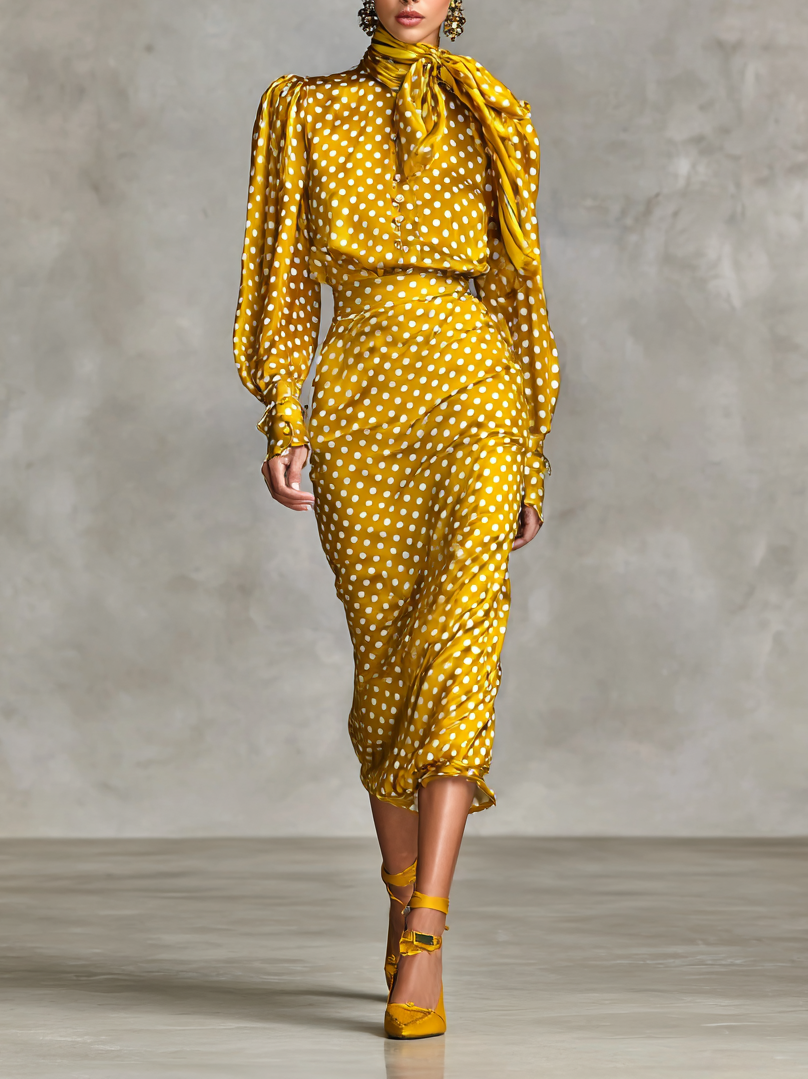 Ensemble chemise et jupe en soie vintage avec imprimé à pois pour femmes (sans écharpe) MDA3073G0Y