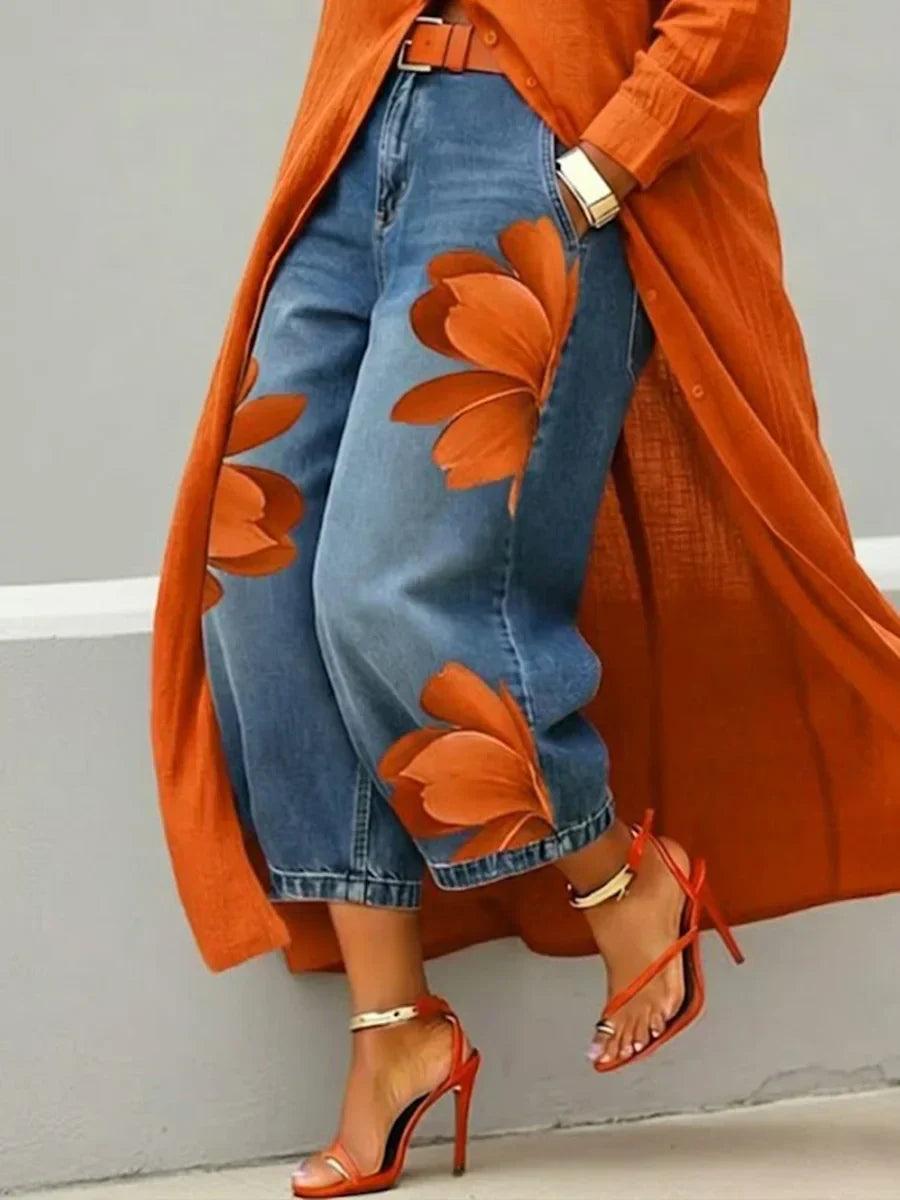 Très | Coordonnée de chemise longue et jeans fleuris