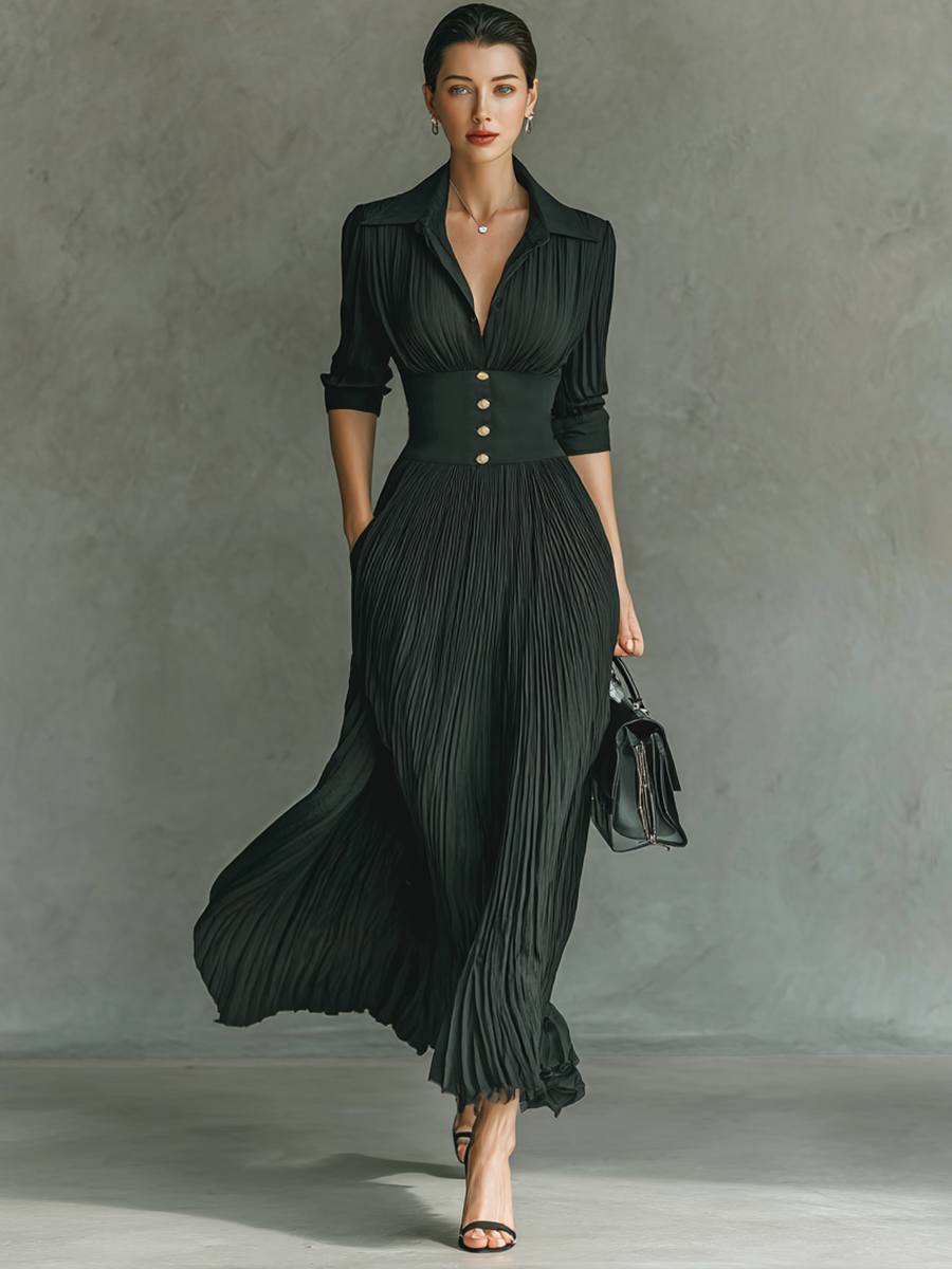 Robes maxi pour femmes avec couleur unie, plis, col, manches longues