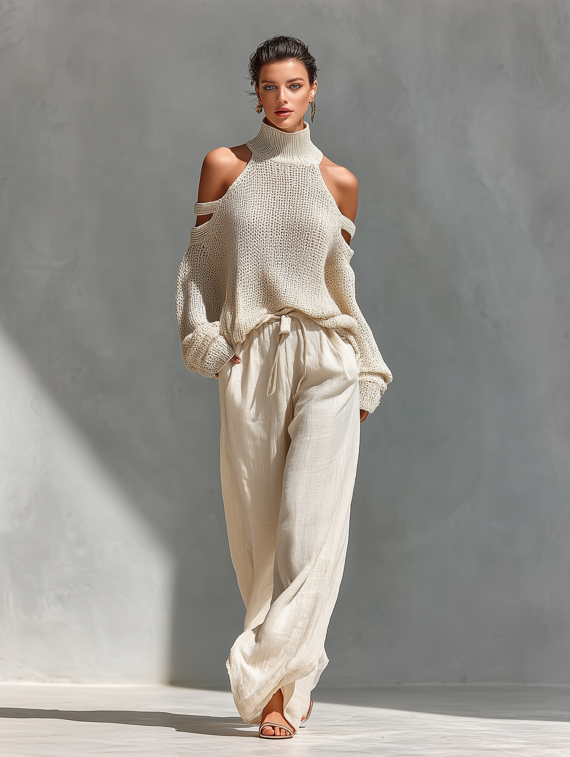 Ensemble top à col montant et épaules dénudées en tissu tricoté beige avec un pantalon large MDZ0984A5T