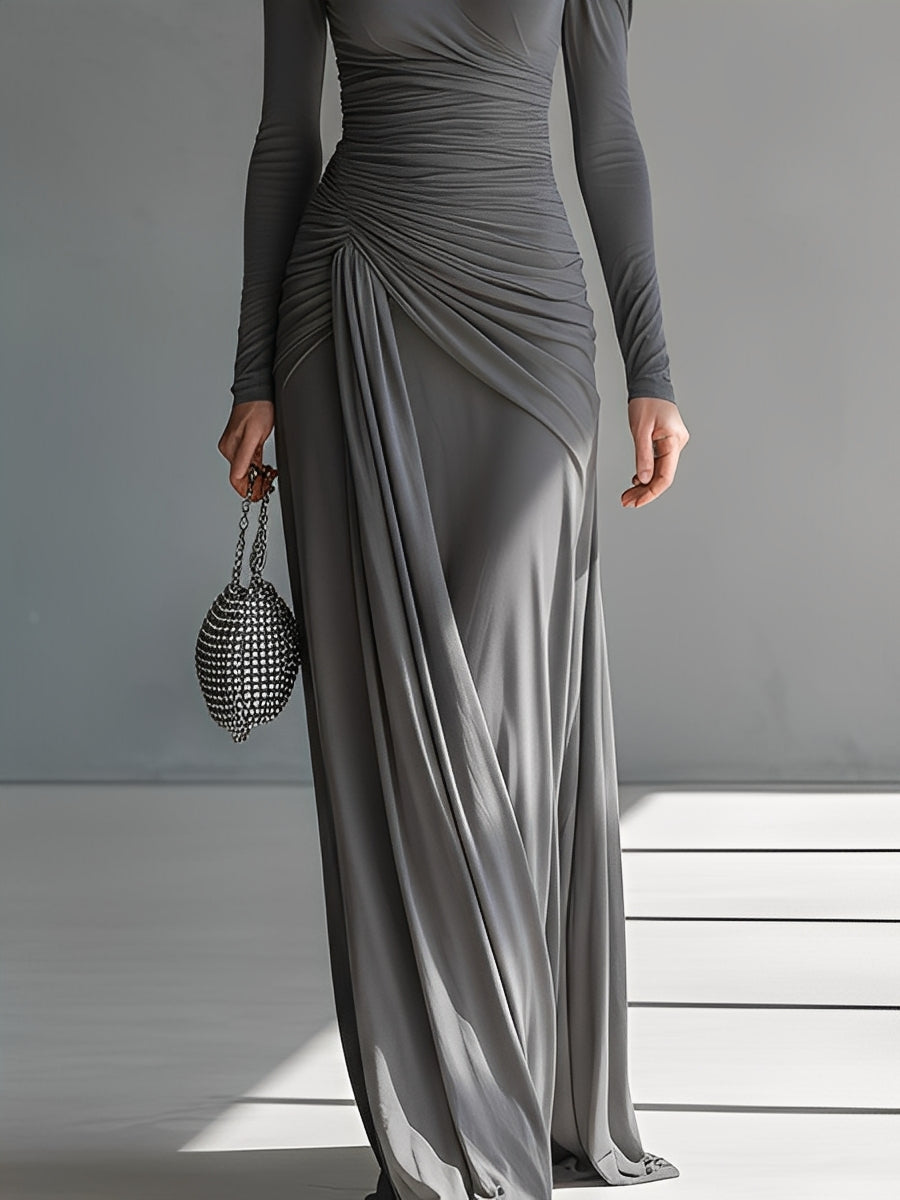 Robe maxi femme grise en soie stretch avec détails froissés et coupe MDA0546K6I