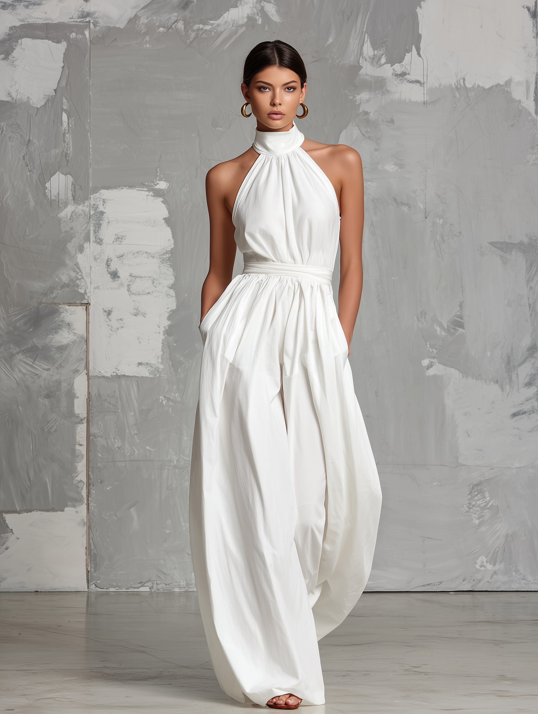 Robe d'été élégante pour femmes en blanc, avec col halter sans manches MDZ0554A3AN