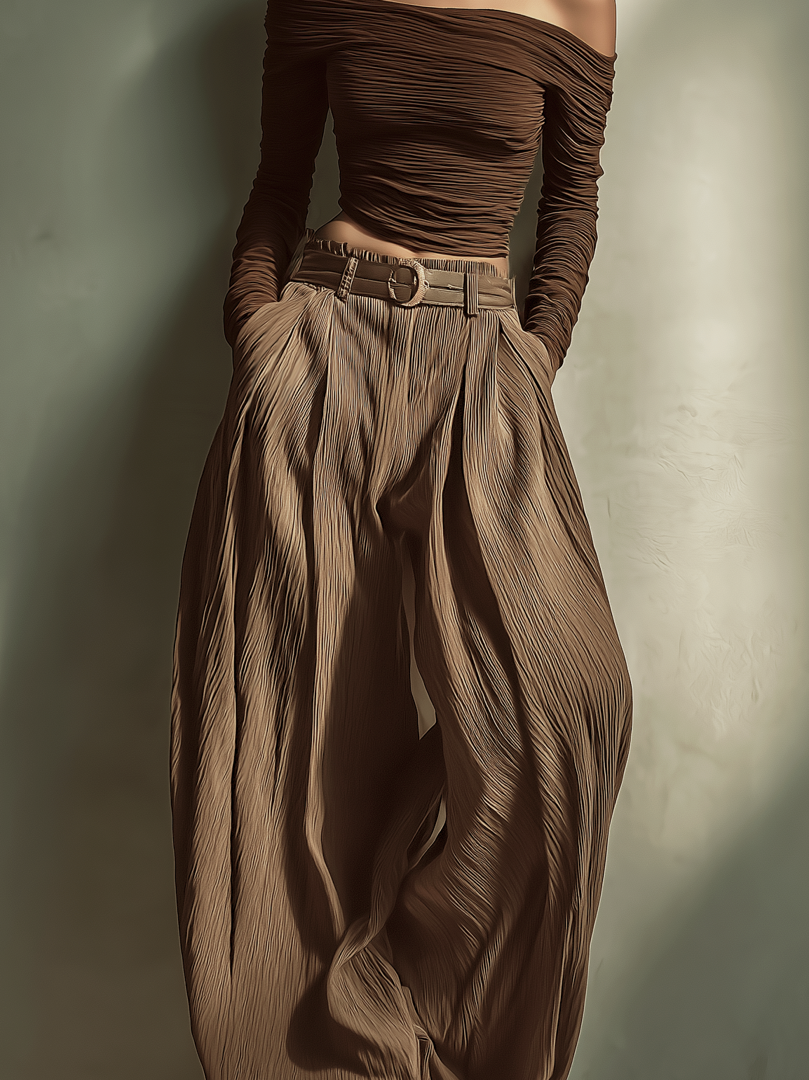 Chemise femme tendance et sexy en marron foncé, avec des manches longues, ajustée, associée à un pantalon large assorti (ceinture non incluse) MDA1455K9AN