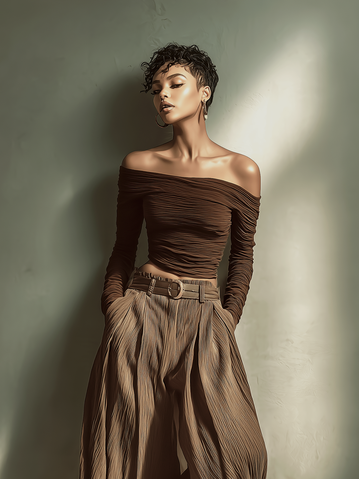 Chemise femme tendance et sexy en marron foncé, avec des manches longues, ajustée, associée à un pantalon large assorti (ceinture non incluse) MDA1455K9AN