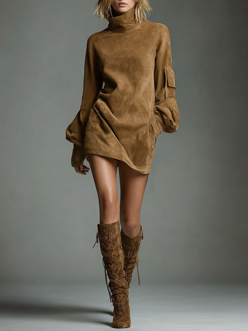 Robe mini en suédine à col roulé pour femmes
