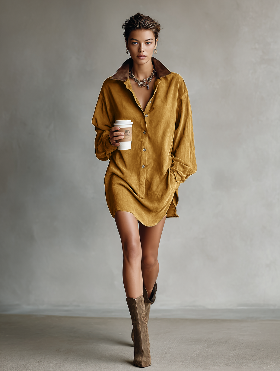 Robe mini en simili cuir simple et ample pour femmes avec col en cuir et conçue en pull MDA0233I3Y