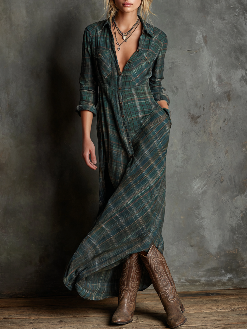 Robes maxi à col à carreaux pour femmes MDA1249H1Y