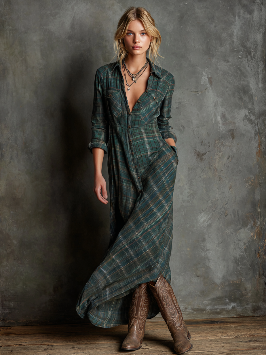 Robes maxi à col à carreaux pour femmes MDA1249H1Y