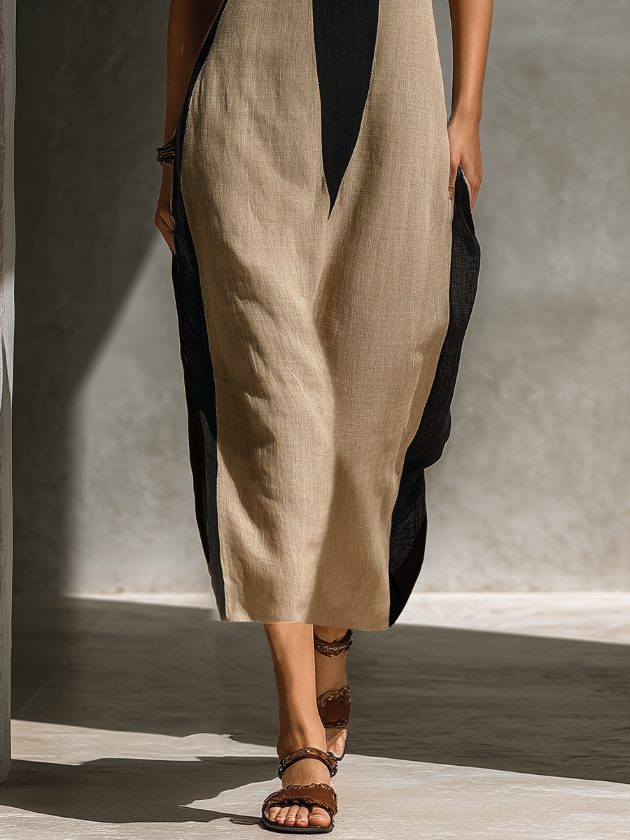 Robe midi femme noire et beige avec col halter, découpe en clé et application de couleurs MDZ1027C7T
