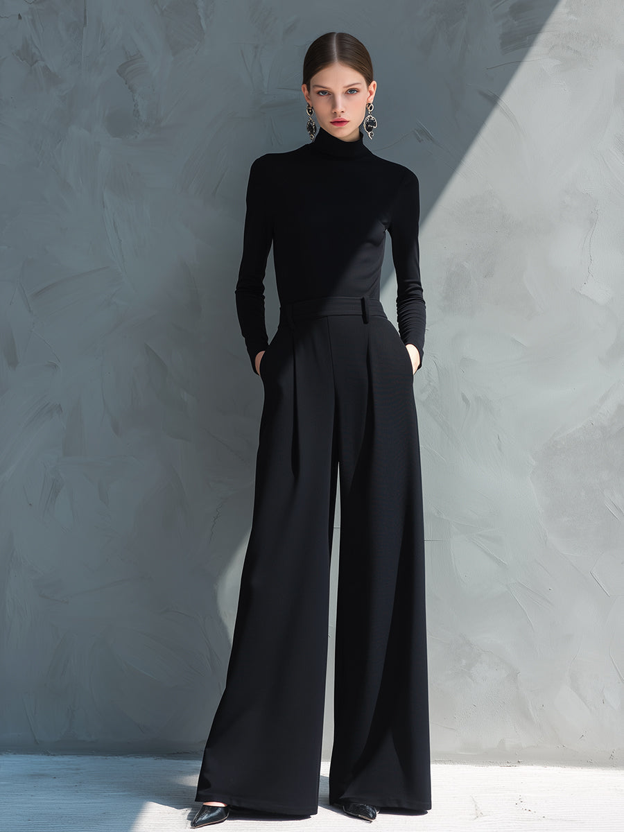 Combinaison en jersey classique pour femmes en noir avec col montant et jambes larges - MDA2133J5I