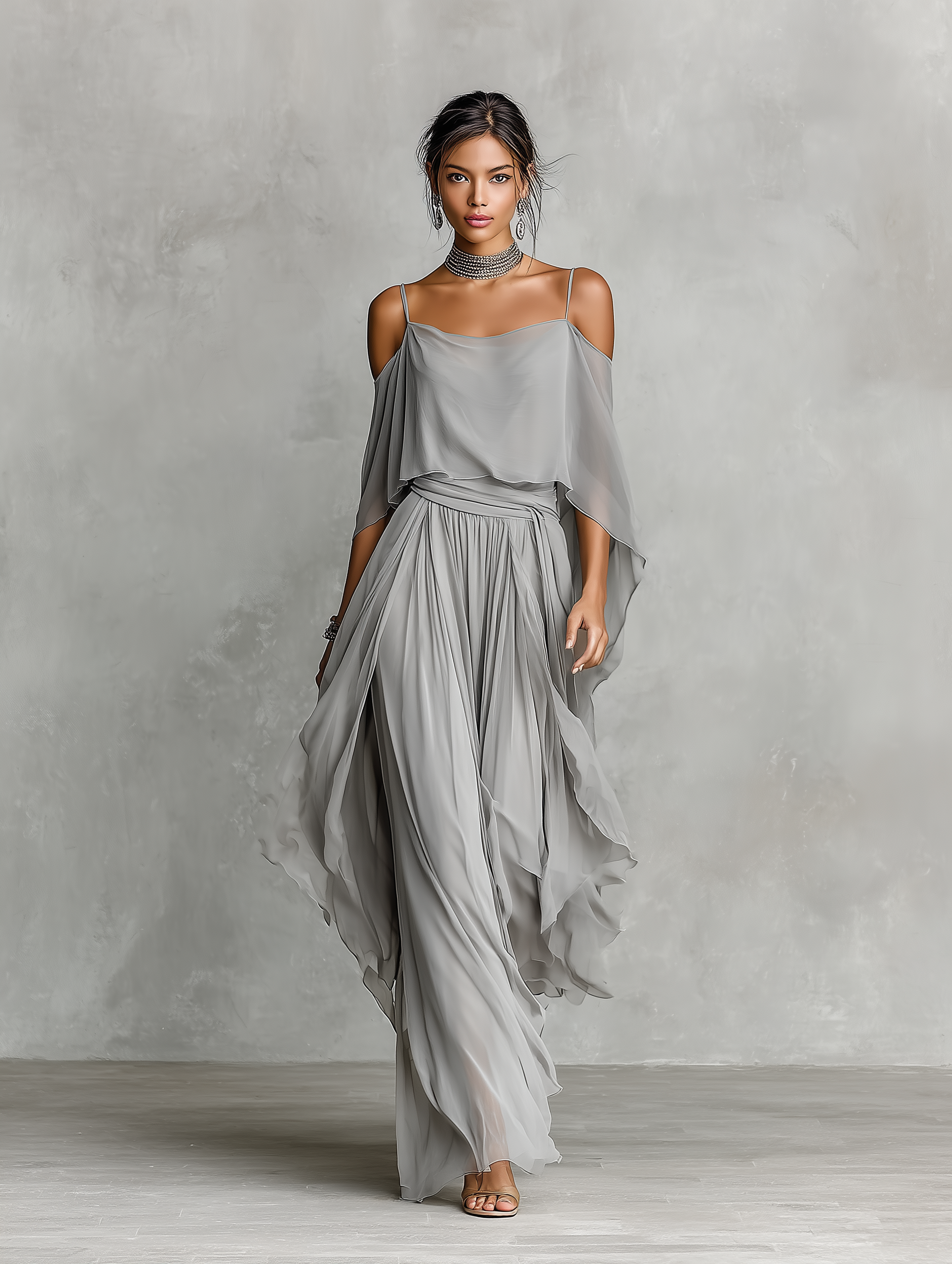 Ensemble en chiffon gris pour femmes avec détails d'épaule dénudée et silhouette évasée, ensemble de style féminin-moderne luxueux MDZ2651B6I