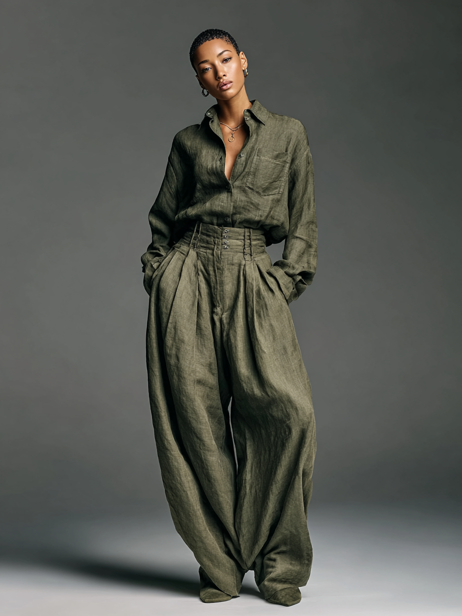 Ensemble double pour femmes en tissu de coton et lin avec un haut long et un pantalon large