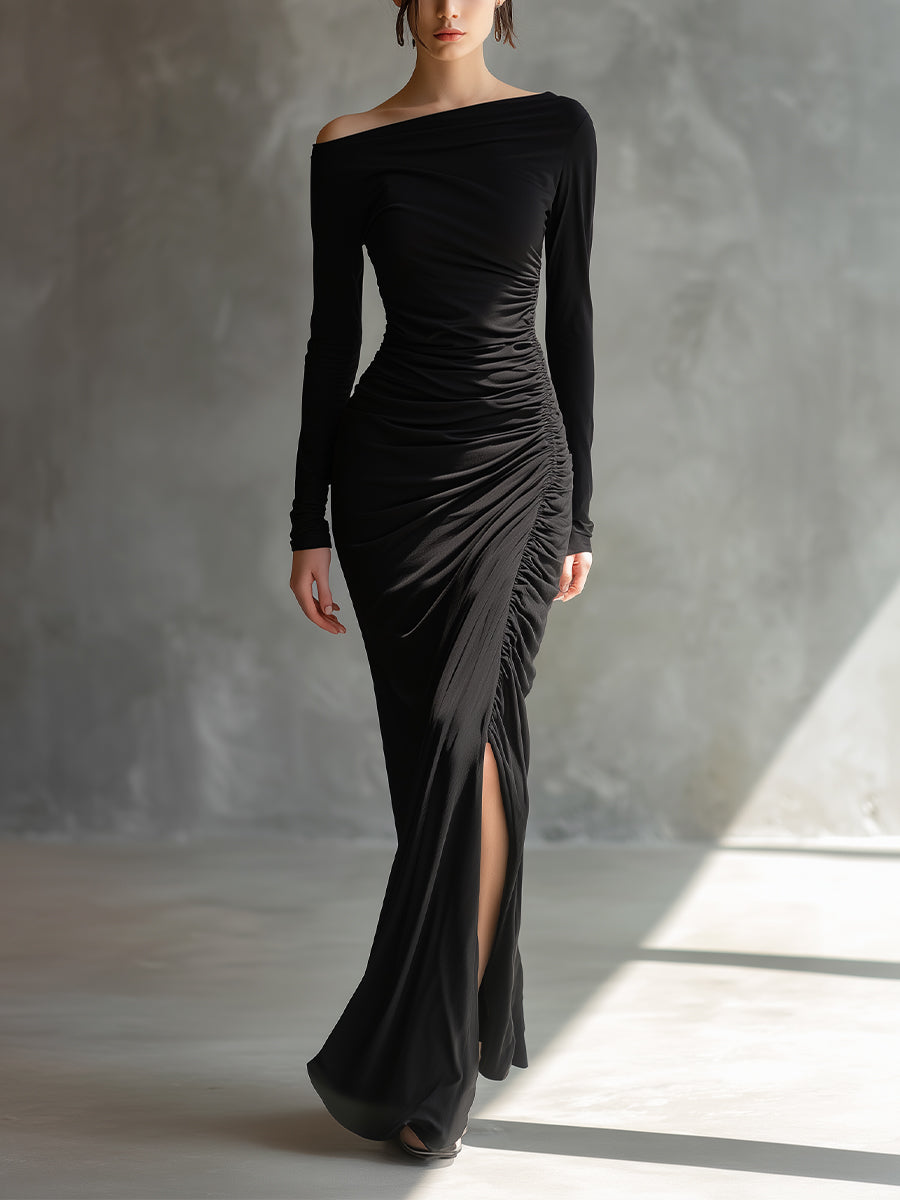 Robe maxi noire élégante pour femmes avec épaules dénudées et déchirures MDA2125H9I