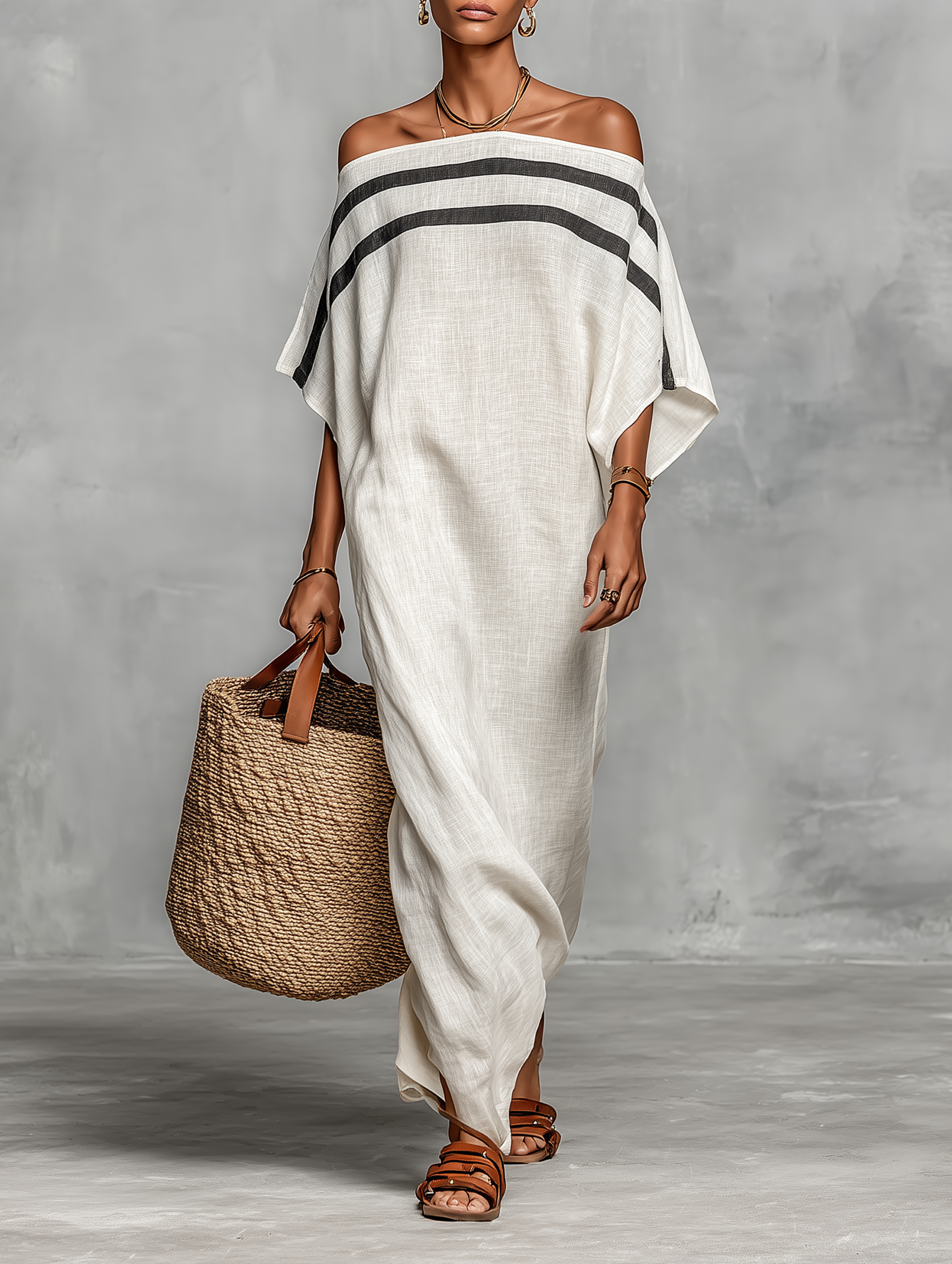 Robes maxi pour femmes dans un style minimaliste en mélange de lin avec des manches batwing et une épaule dénudée MDZ0949A8Y