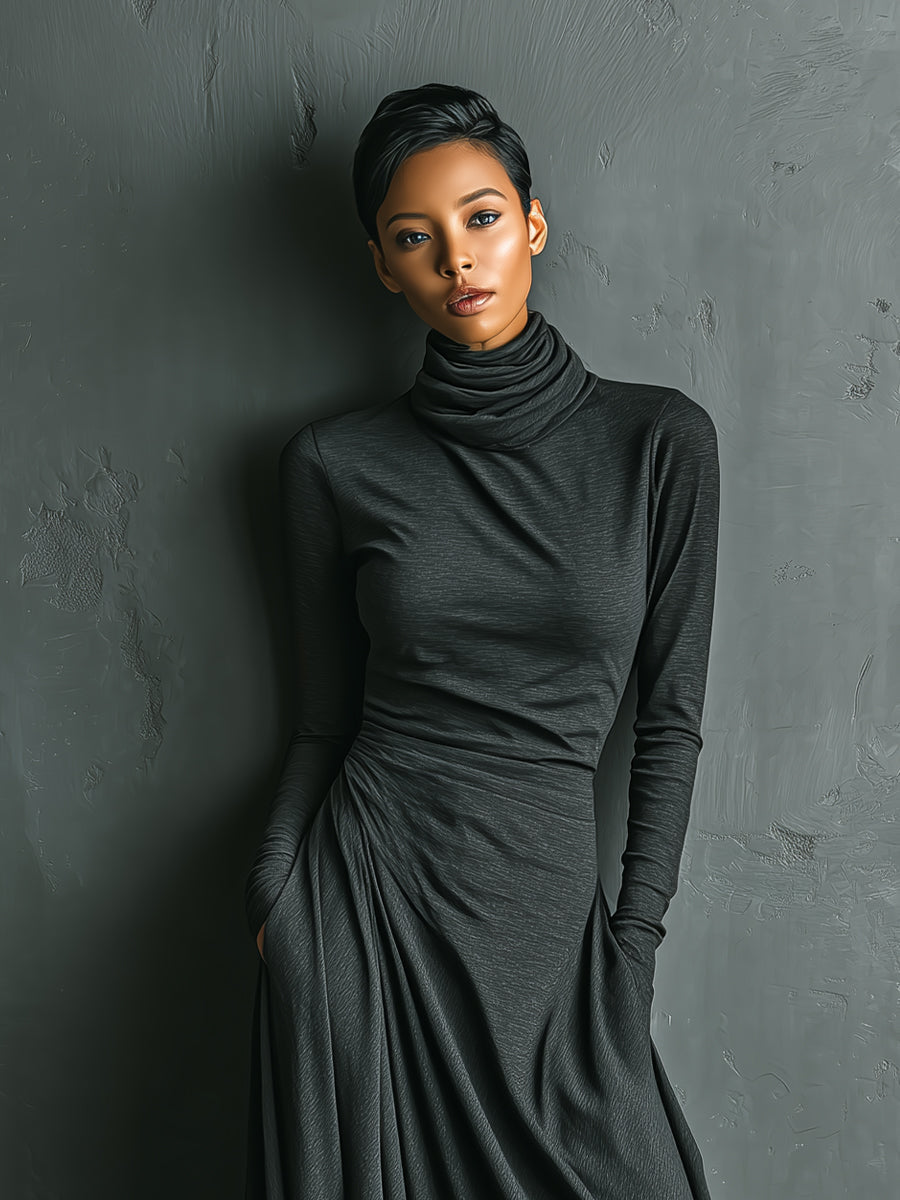 Robe maxi femme couleur anthracite avec col haut en tissu polyester-coton élégant MDA1727J1I