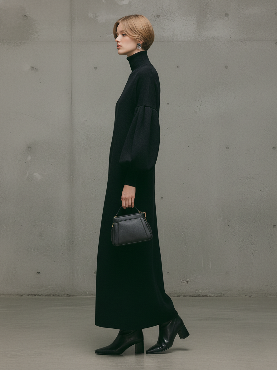 Robe maxi moderne pour femmes avec col roulé noir et manches bouffantes MDA1503L6AU