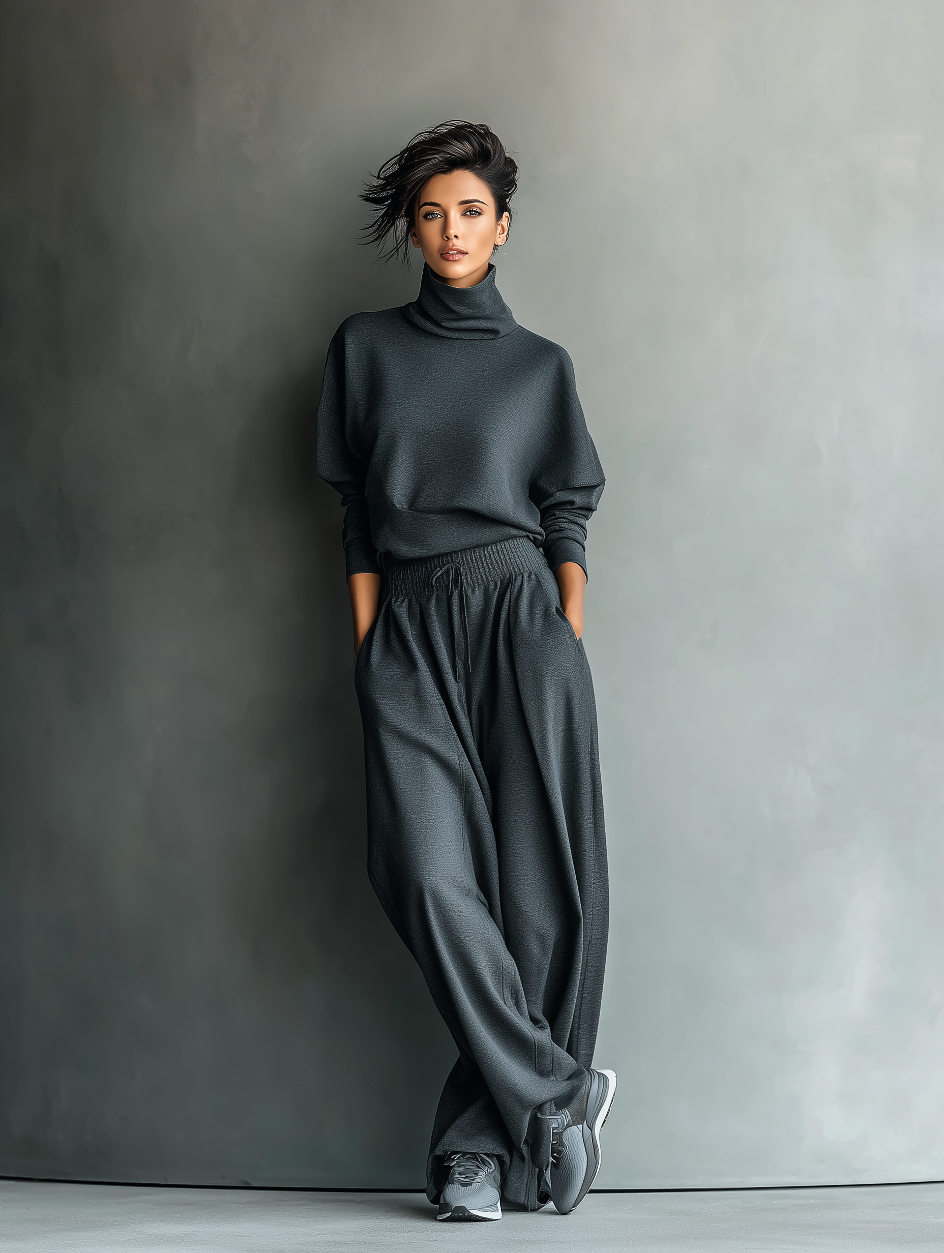 Ensemble haut ample avec col roulé et pantalon large pour femmes en tissu tricoté couleur anthracite MDA2435L7T