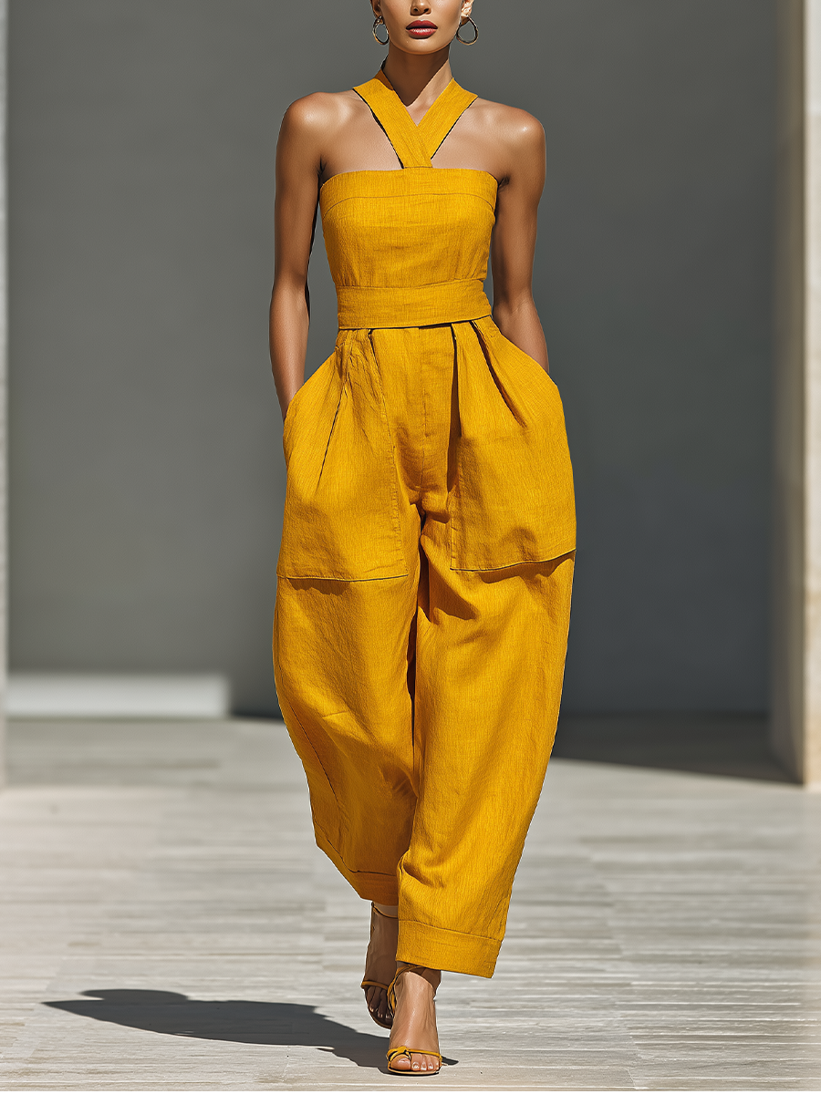 Ensemble femme couleur moutarde avec col croisé et pantalon ample MDZ2808B6T