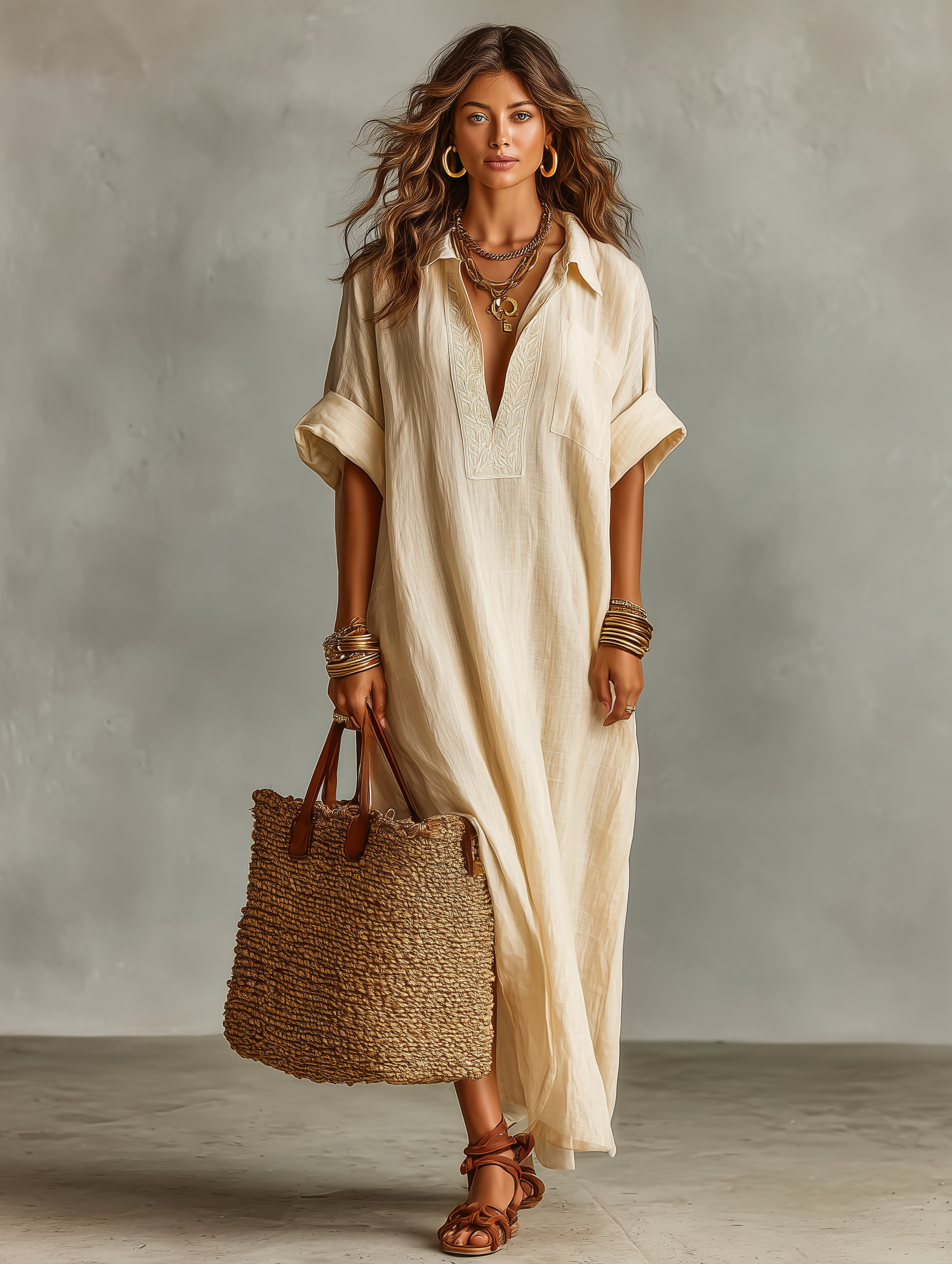 Robes maxi à manches courtes avec broderie pour femmes dans un style minimaliste