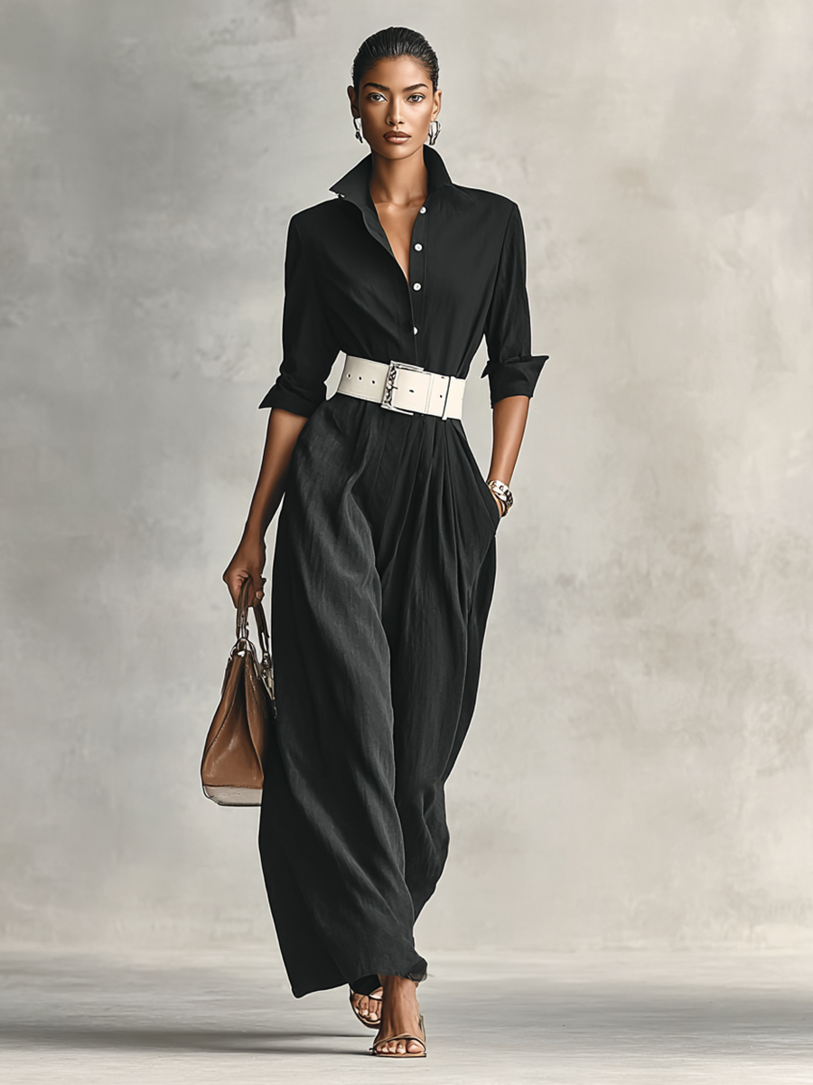 Ensemble femme avec col noir, fermeture unique, manches longues et ceinture MDA2274G1Y