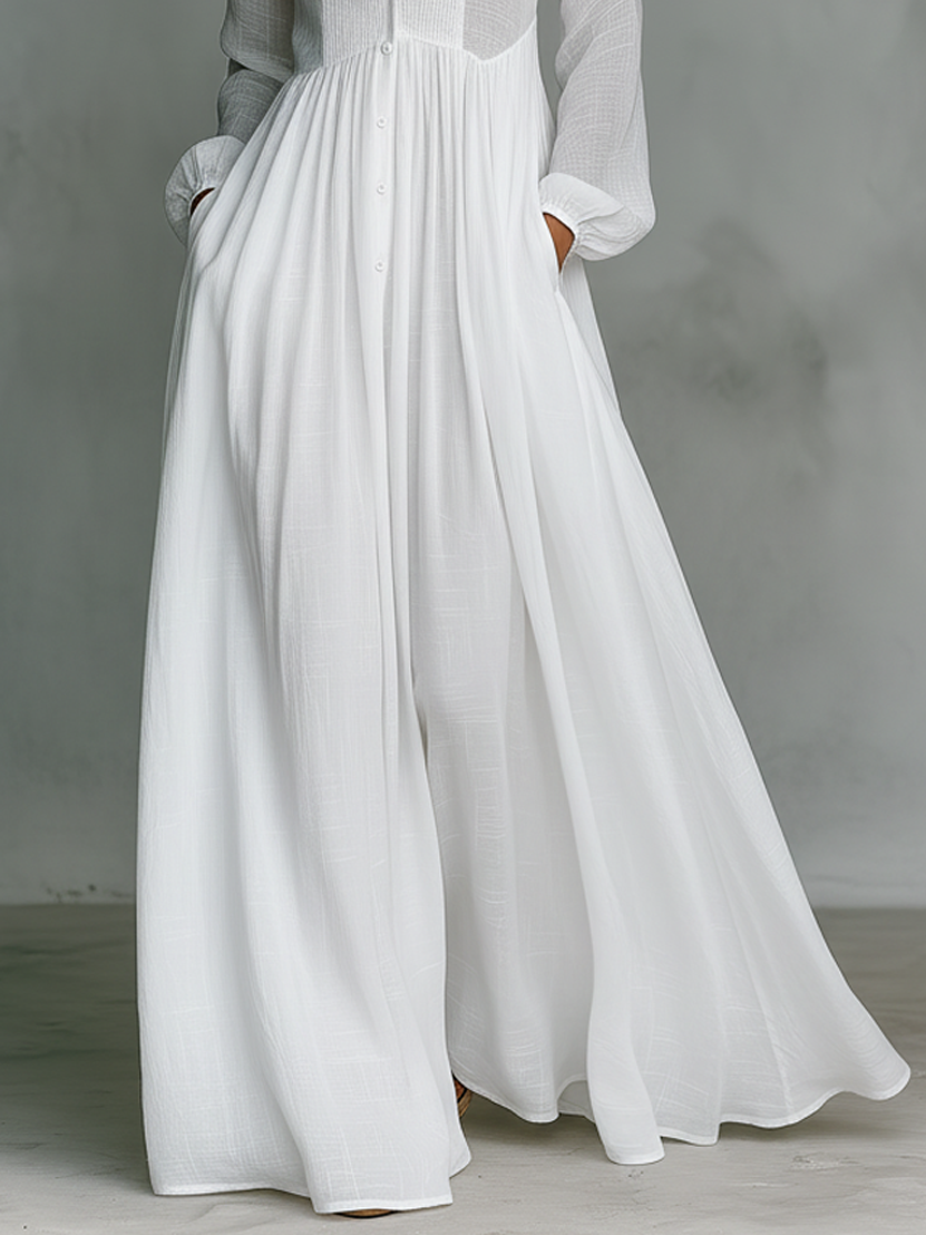 Robe maxi pour femmes au style minimaliste en mélange de coton et de lin avec des pièces de puzzle, avec un col montant et des manches longues