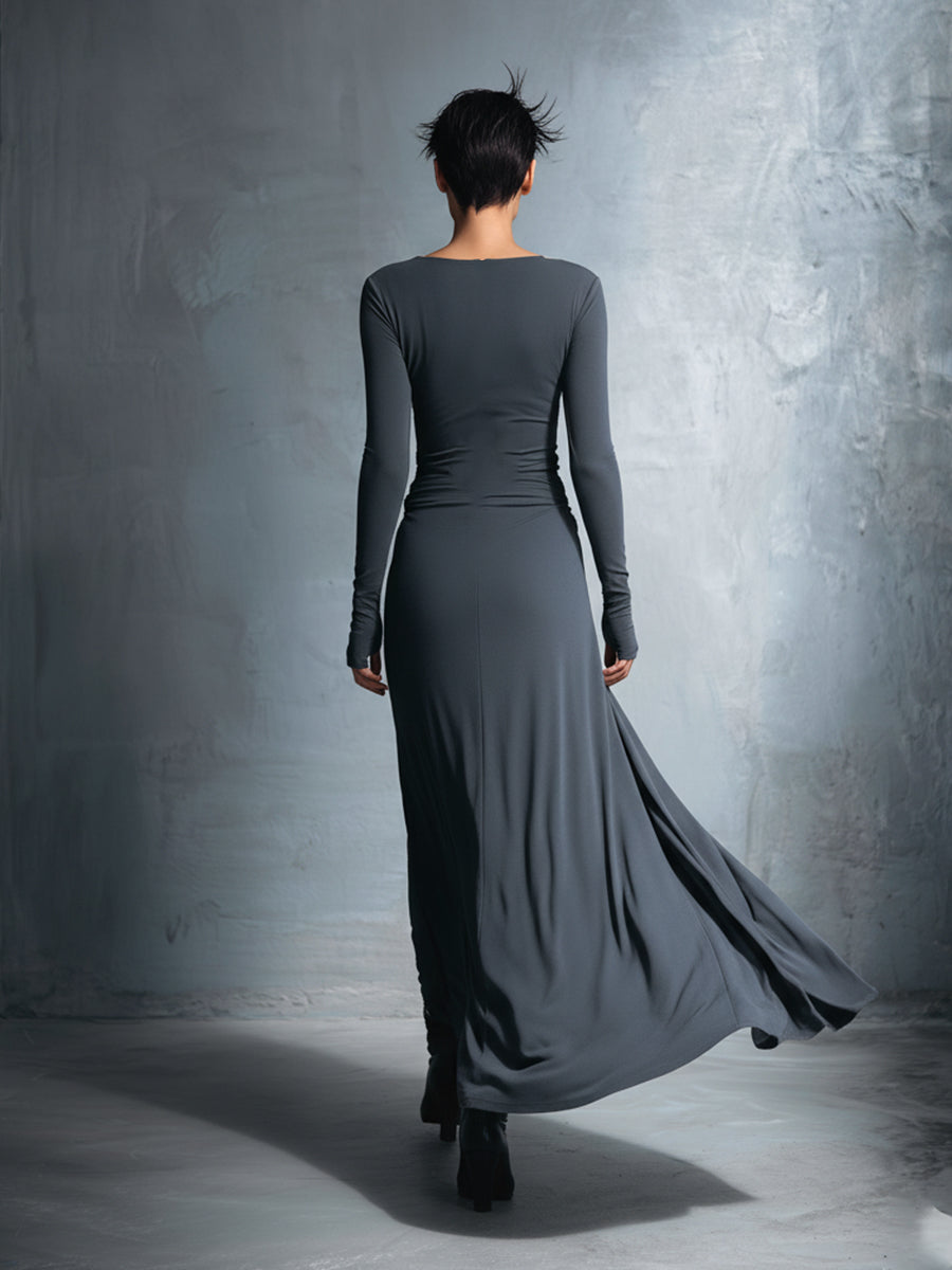 Robe maxi femme grise raffinée en tissu stretch - Robe maxi avec nœud MDA1401H9I