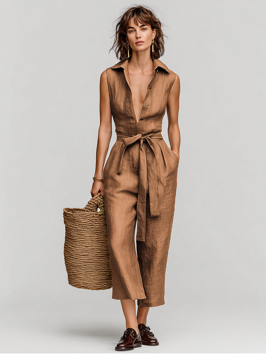 Combinaison en lin marron pour femmes avec taille à nouer et décolleté en V avec col, style classique de vacances-quotidien MDZ0638B5I