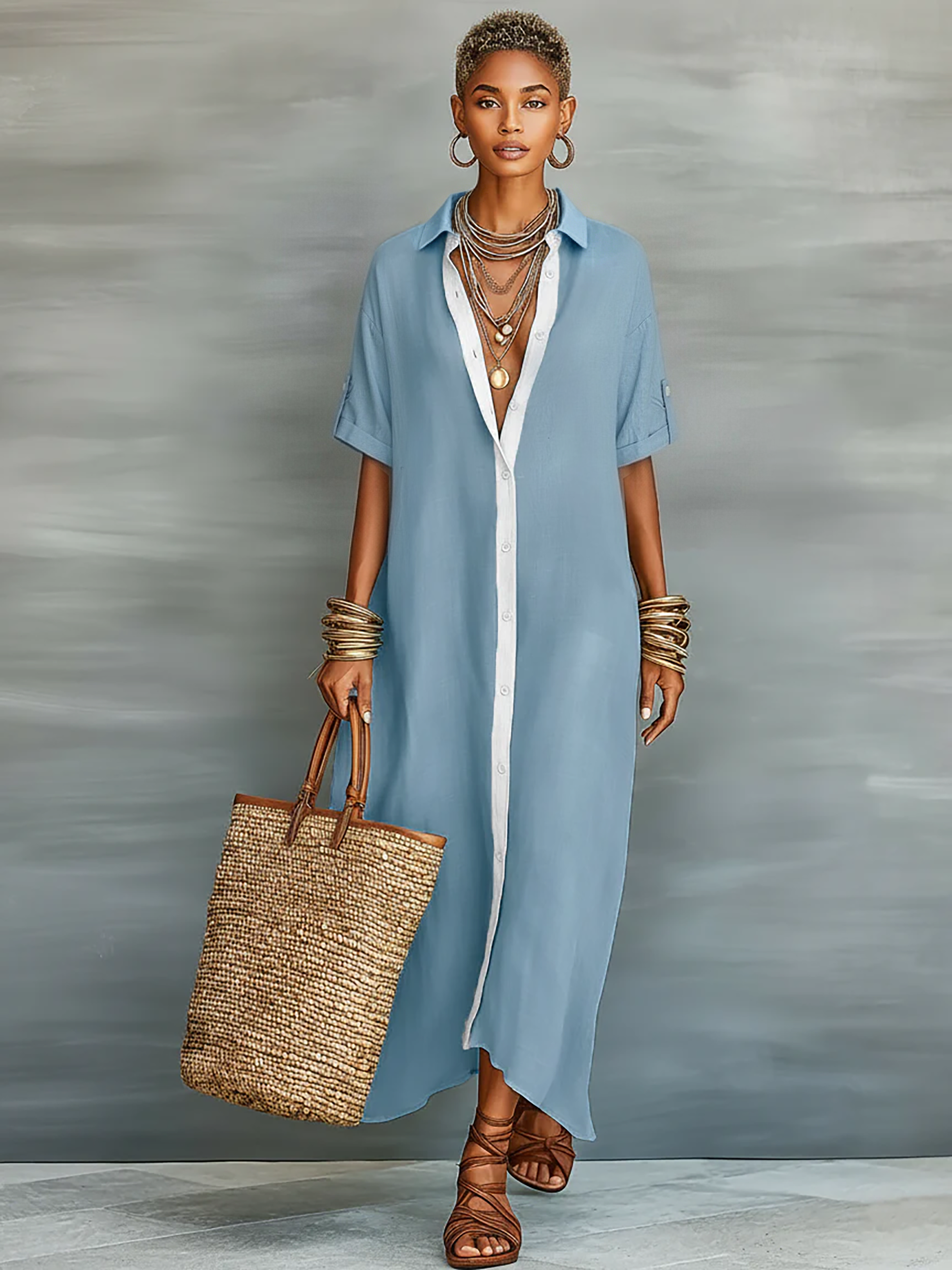 Robe maxi courte à manches courtes en tissu de lin mélangé pour femmes MDZ0647A2Y