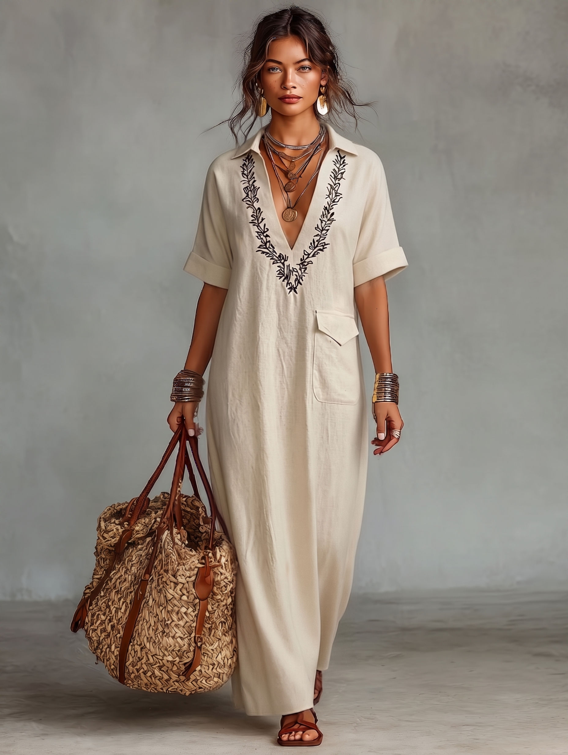 Robes maxi à manches courtes pour femmes au design minimaliste en tissu de lin combiné MDZ0600A1Y