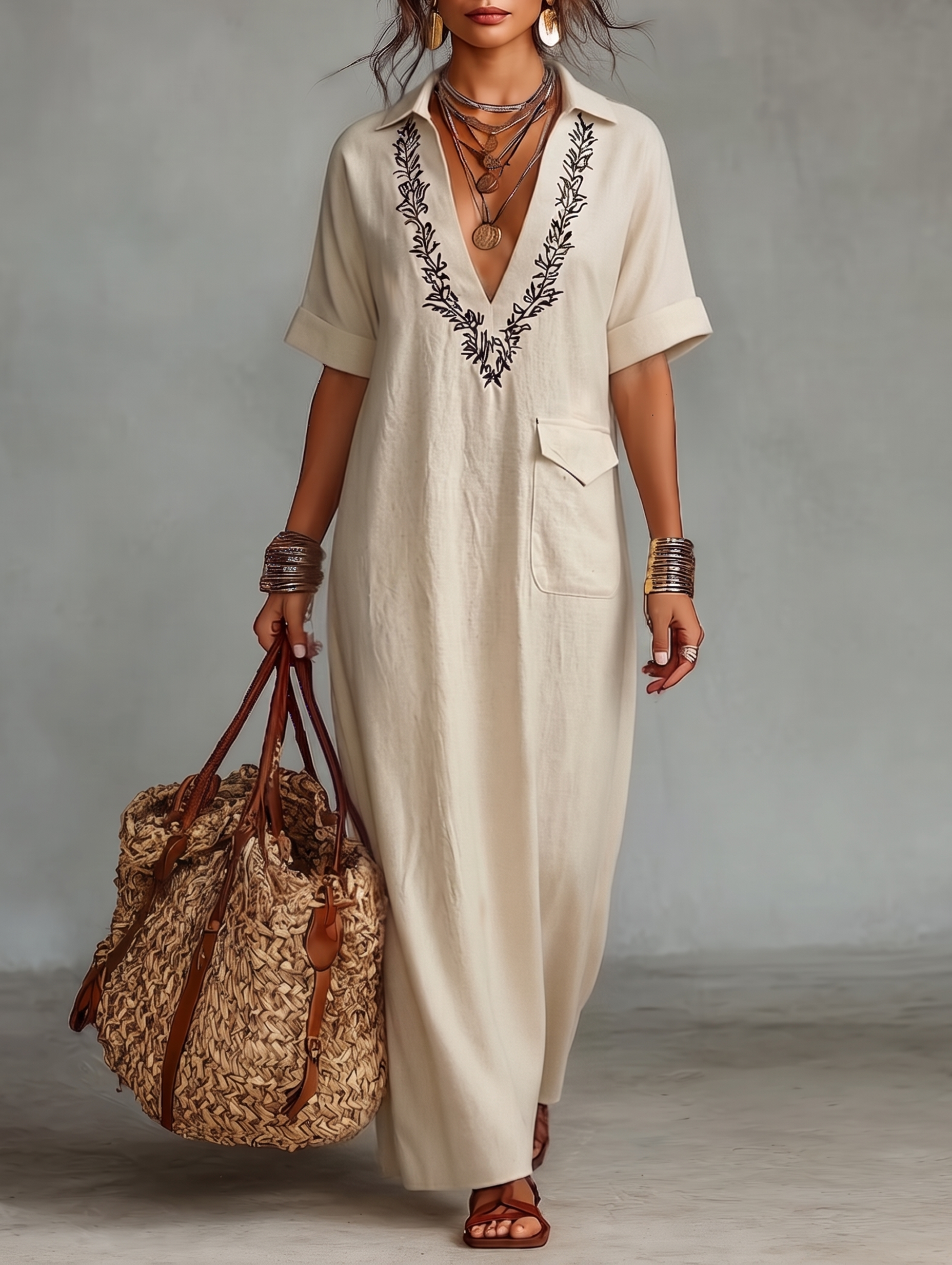 Robes maxi à manches courtes pour femmes au design minimaliste en tissu de lin combiné MDZ0600A1Y