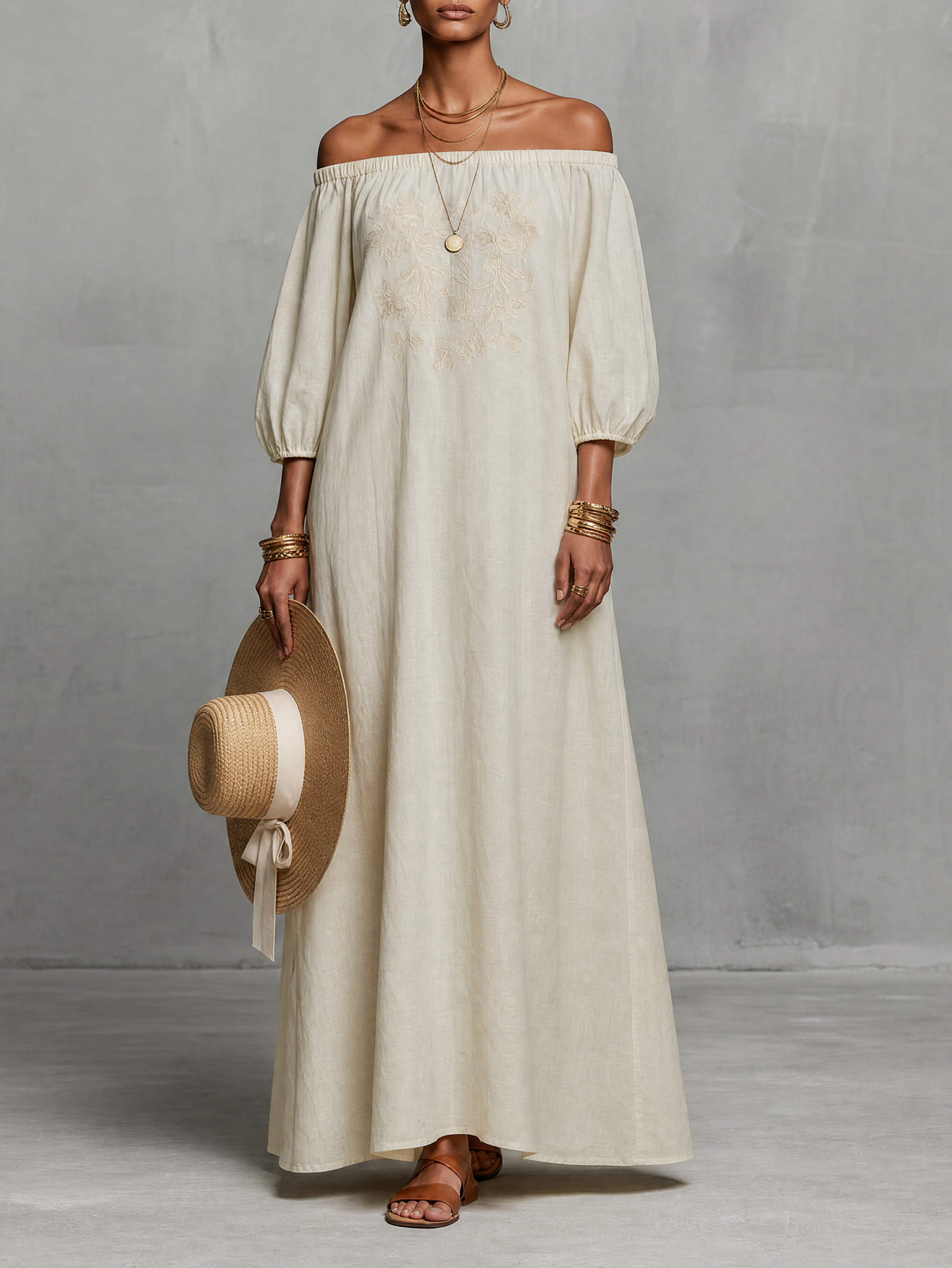 Robe maxi brodée pour femmes au look minimaliste avec des manches trois-quarts et sans bretelles MDZ3063A3Y