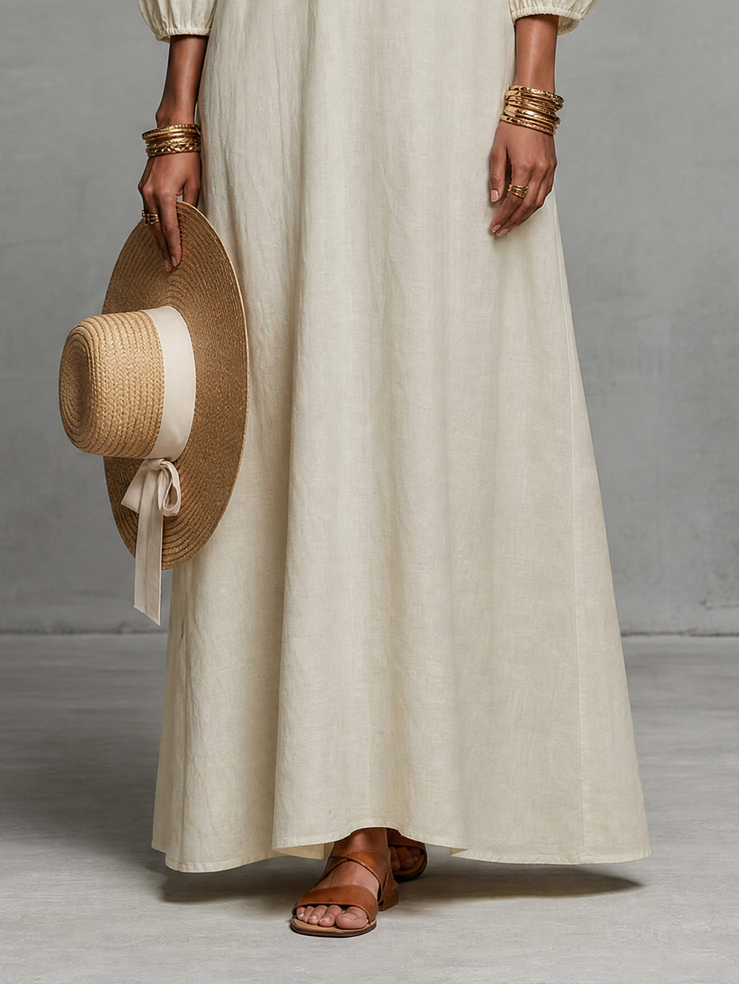 Robe maxi brodée pour femmes au look minimaliste avec des manches trois-quarts et sans bretelles MDZ3063A3Y