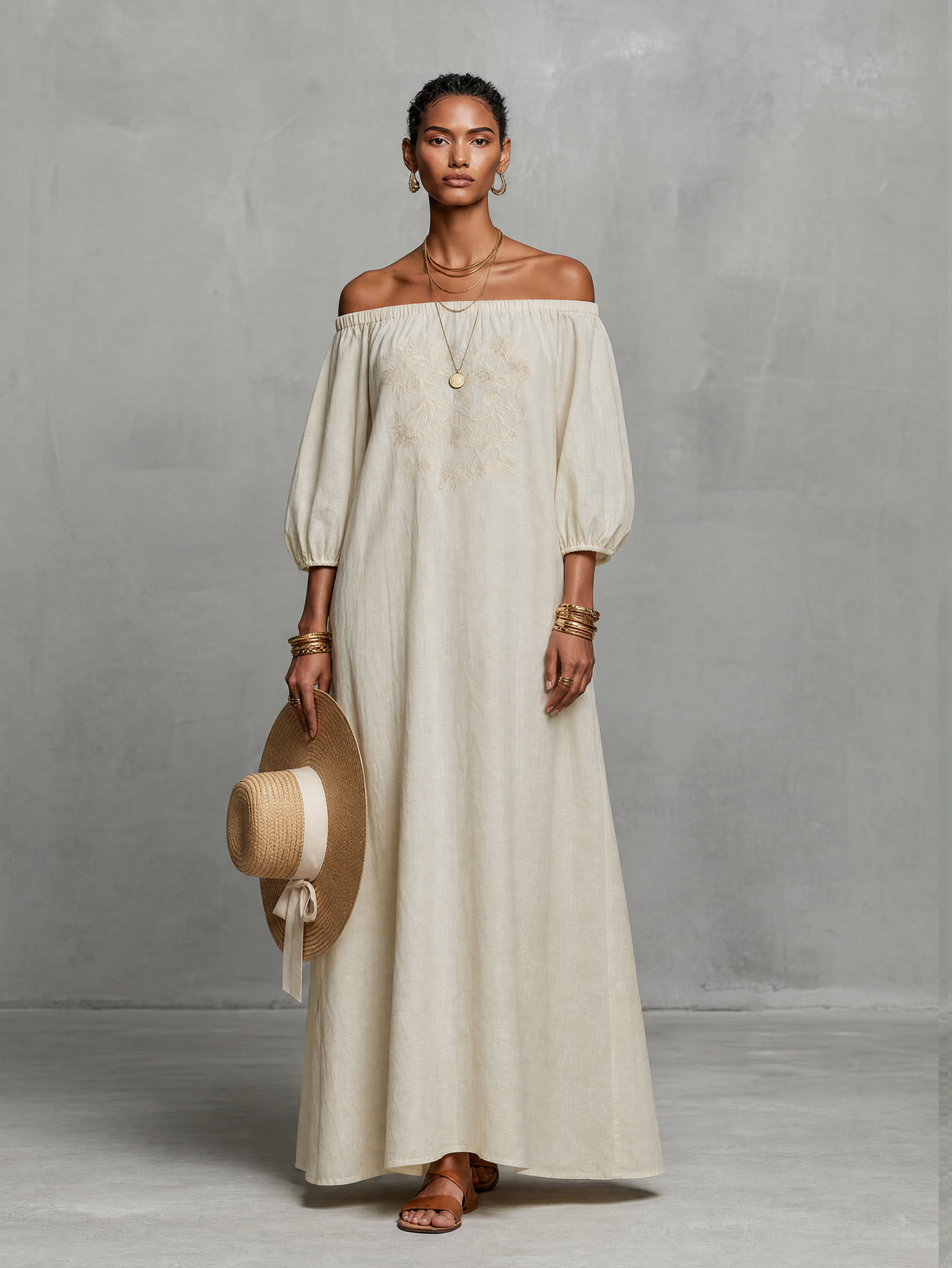 Robe maxi brodée pour femmes au look minimaliste avec des manches trois-quarts et sans bretelles MDZ3063A3Y