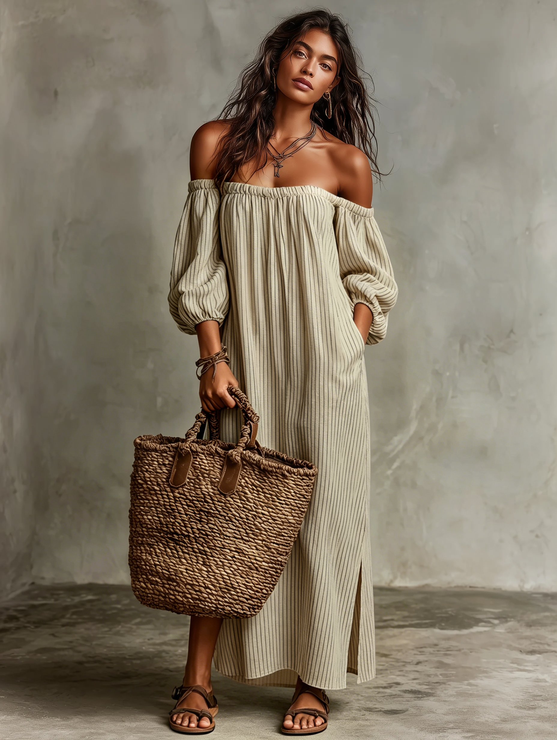 Robe maxi longue avec manches longues et épaule dénudée pour femmes en tissu coton-lin MDZ0481B5Y