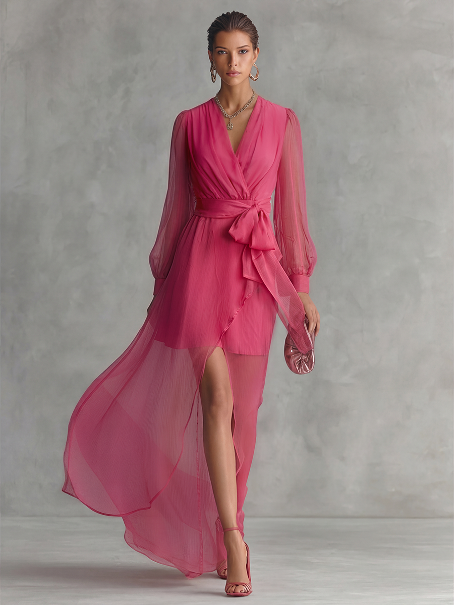 Robes longues avec col en V et ceinture - Rose perle élégant pour femmes MDZ1925A7BA