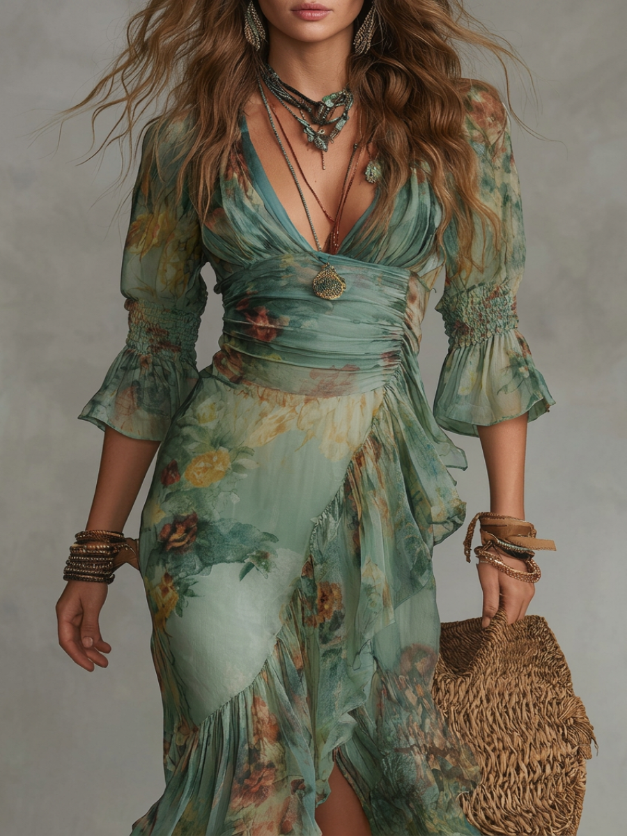 Robes maxi en chiffon vert herbe avec des zips irréguliers et une coupe