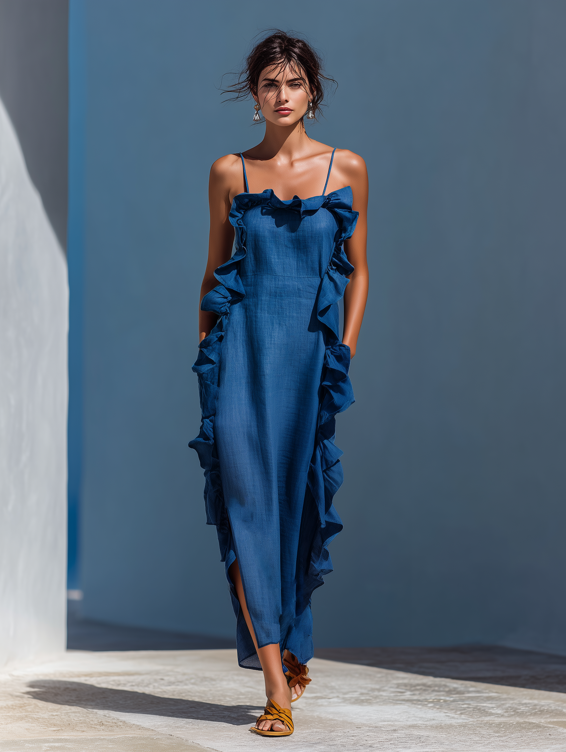 Robe maxi pour femmes en mélange de lin de couleur bleue avec des bretelles spaghetti et des bords festonnés MDZ2407D1T