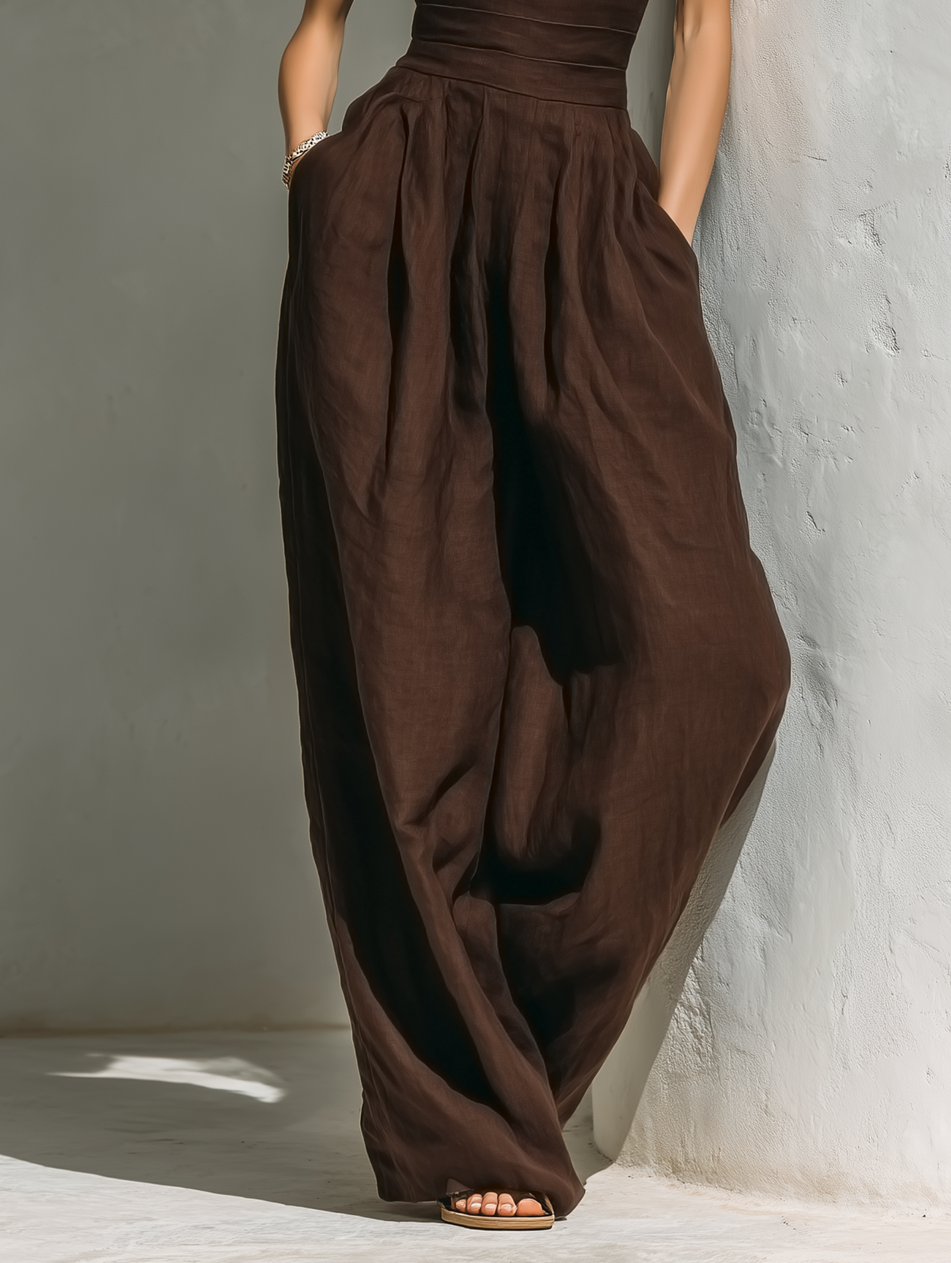 Combinaison en lin minimaliste pour femmes avec manches courtes et jambes larges MDZ0863A5Y