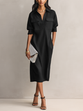 Robe midi courte à manches courtes de couleur noire, en mélange coton-lin, avec col chemise pour femmes MDZ0455C2AN